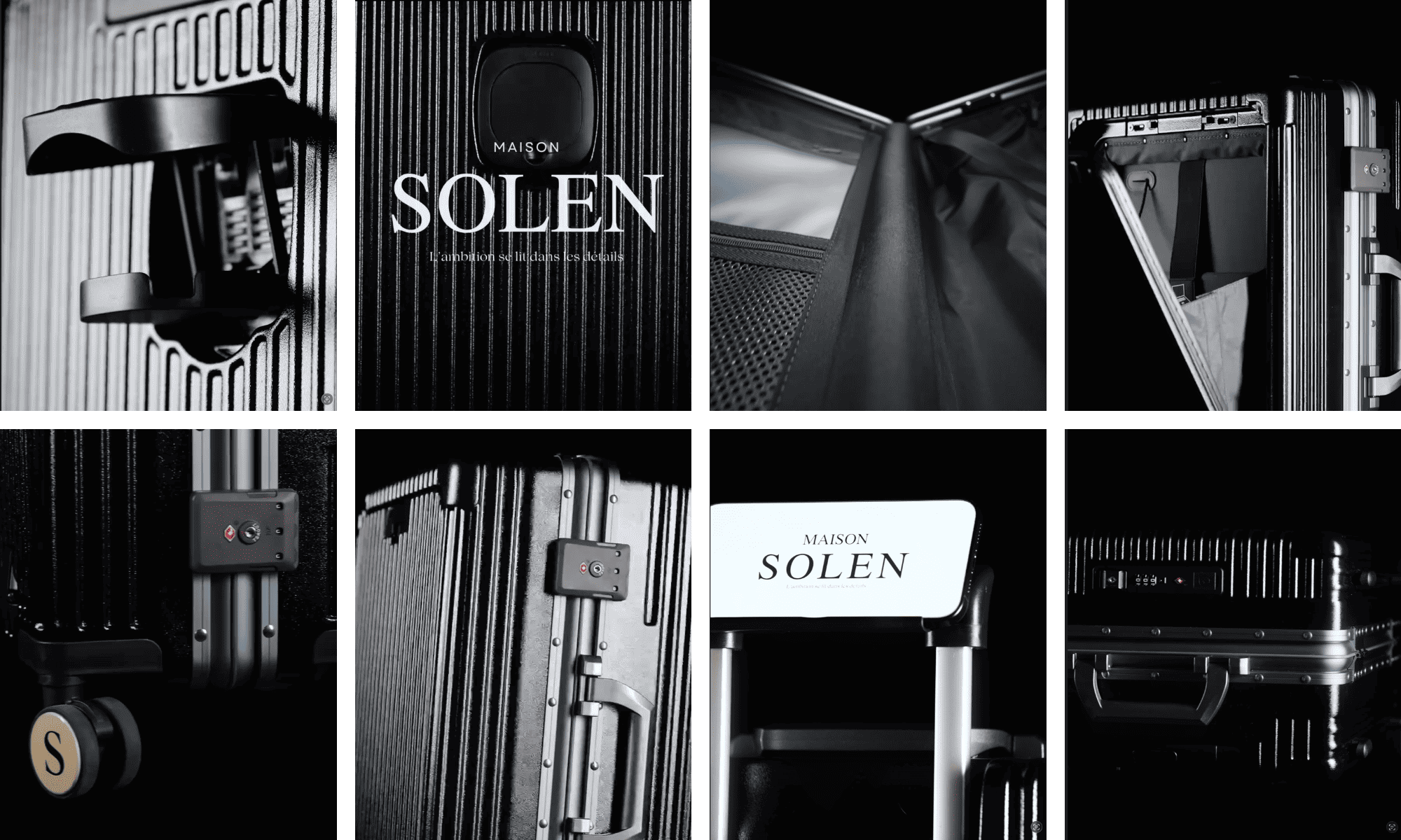 Mosaïque de détails de la valise cabine premium Maison Solen en aluminium noir : poignée renforcée, logo gravé Solen, compartiment intérieur organisé, trappe frontale ouverte, roues siglées S, cadenas TSA intégré, poignée télescopique et serrures sécurisées sans fermeture éclair.