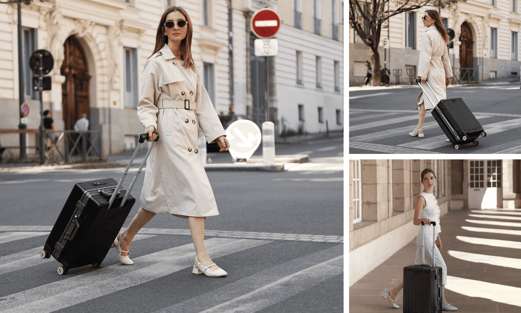 Femme élégante en trench beige voyageant avec une valise cabine aluminium Maison Solen noire dans les rues de la ville, mise en avant comme accessoire de mode et de voyage premium.