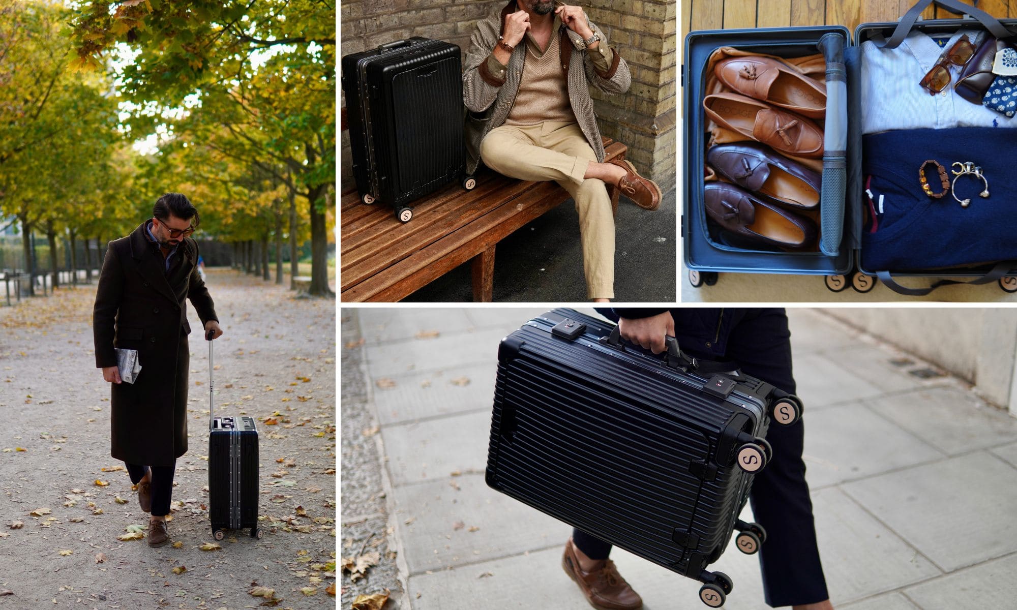 Homme élégant voyageant avec une valise cabine aluminium Maison Solen noire dans les rues de Londres, mise en avant comme accessoire de mode et de voyage premium.