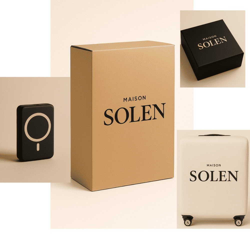 Ensemble packaging Maison Solen : box signature noire, housse de protection beige logotypée, batterie externe MagSafe et carton premium, reflétant l’univers luxe de la valise cabine Maison Solen.